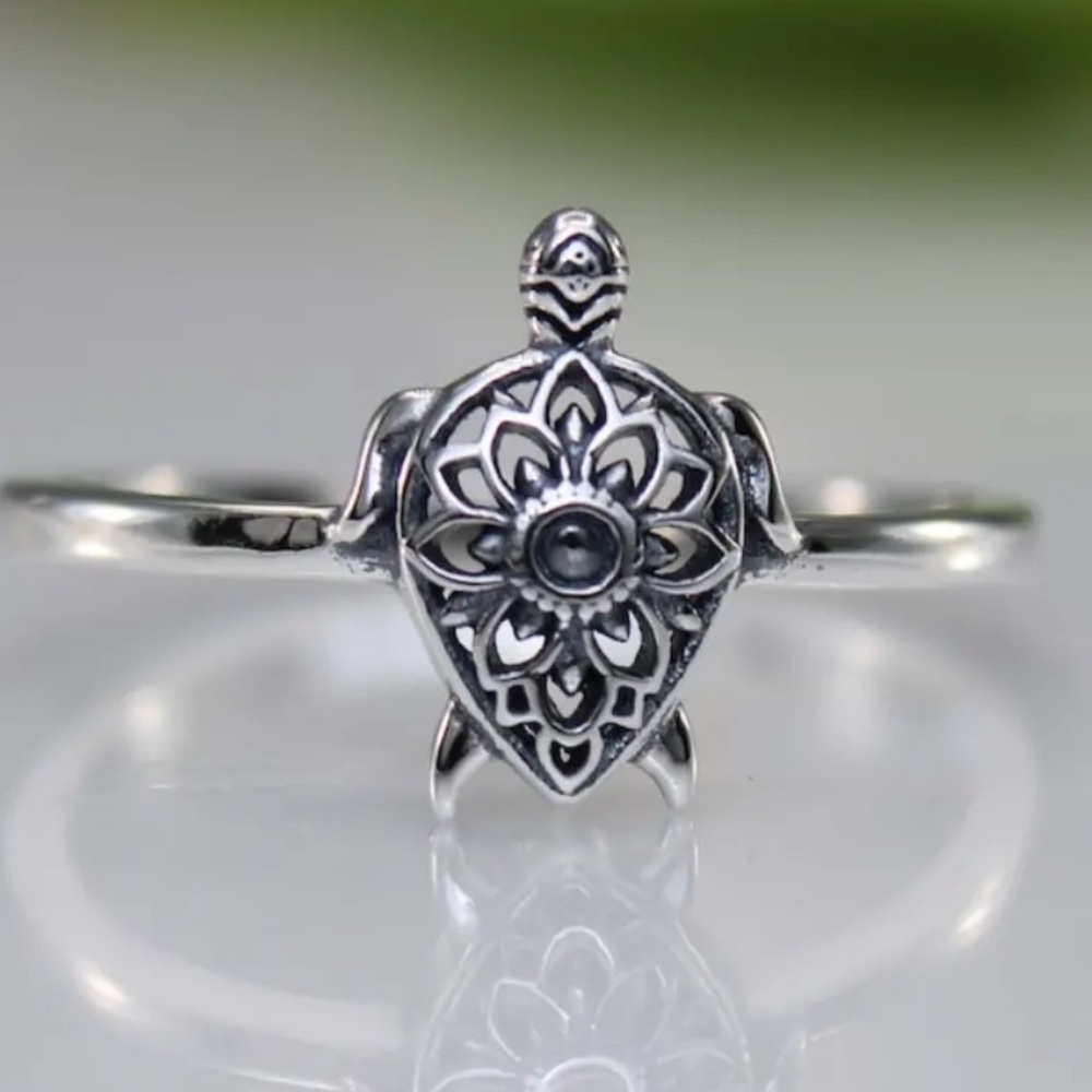 Mandala Sea Turtle Ring Silver Tone Boho, Tribal, Tropical, Hawaiian Inspired